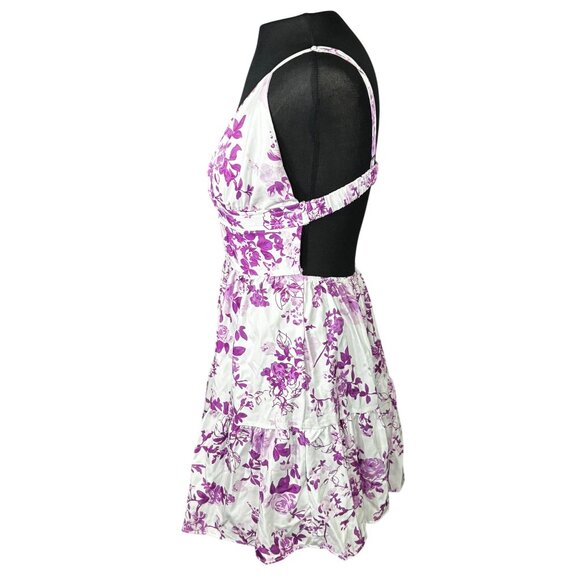 Shein Womens White & Purple Floral Print Mini Dress & Open Back Size S - Picture 2 of 8